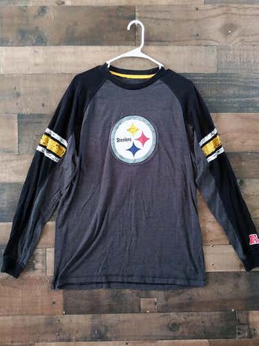NFL Football PITTSBURGH STEELERS Black Grey Distressed Design Logo Striped Long Sleeve Team Shirt