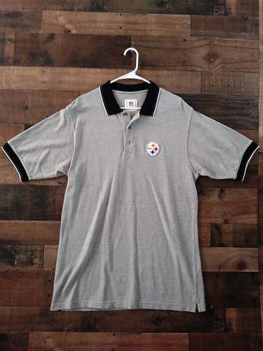 NFL Football PITTSBURGH STEELERS Grey Black Embroidered Button Team Polo Shirt