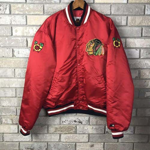 Vintage Chicago Blackhawks NHL Mens XL Starter Stain Bomber Jacket Snap Button