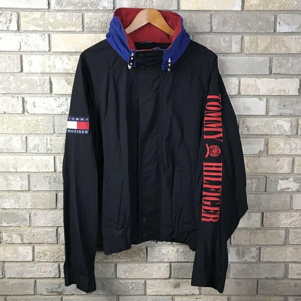 RARE Vtg 90s Tommy Hilfiger Windbreaker Jacket Mens XL Black Red Spellout Crest