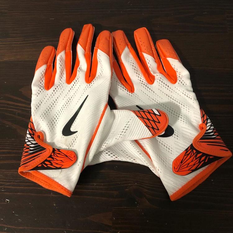 orange and white nike football gloves