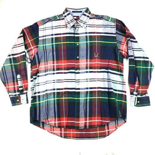 VTG 90s Tommy Hilfiger Plaid Button Down Shirt Lion Crest Pocket Collard Sz XL