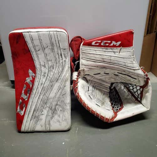 CCM Premier R1.9 Goalie Glove & Blocker Regular Senior in White & Red