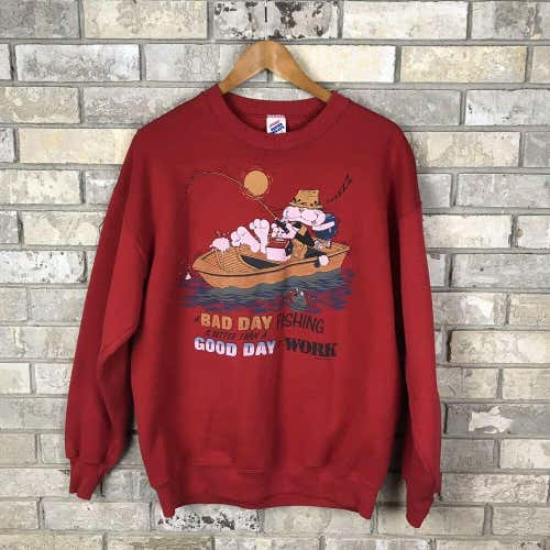 Vtg 80s Mens XL 48 FISHING Lazy Cat Red Sweatshirt Vintage Jerzees USA Made OG