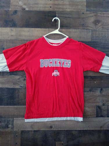 Majestic NCAA College OSU OHIO STATE UNIVERSITY BUCKEYES Red Grey Simulated Dual Layer Team Shirt