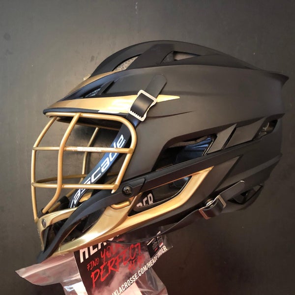 BNWT Cascade S Youth Helmet. Matte Black Shell, Old Gold Cage, Old Gold Jaw/chin/ Visor Decal
