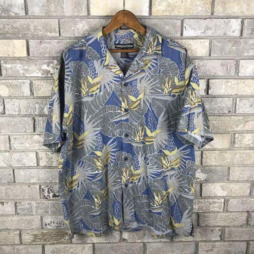 Vintage Newport Blue Mens Large Button Up Collar Shirt Floral Hawaii Surf Summer