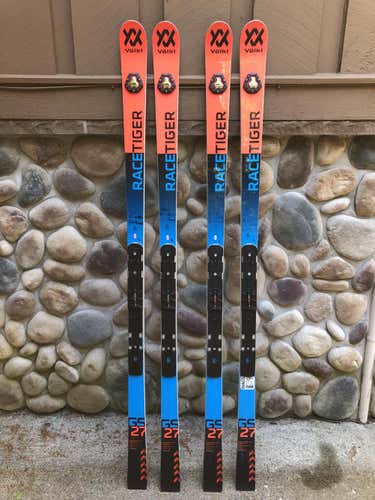 Matched set of two pairs of Volkl Racetiger GSR 27m with plate Skis with bindings