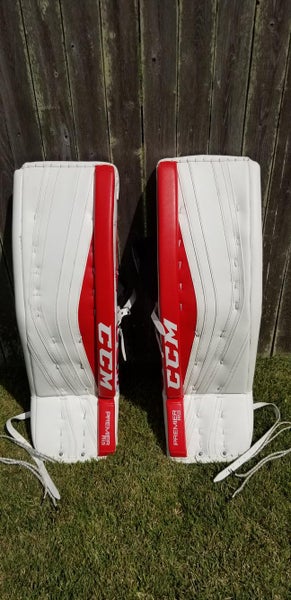 Lightly Used CCM Premier R1.9 Goalie Leg Pads Senior - White & Red, 35 + 2