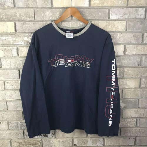 Vtg Early 2000s Tommy Jeans Mens Medium Bold Spellout Flag Navy Blue Rare Unique