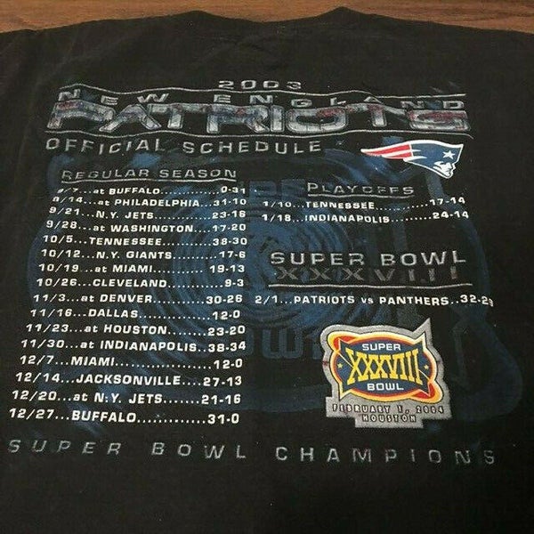 Vision New England Patriots Super Bowl XXXVIII 38 Champions NFL Schedule Shirt Sz XL