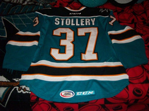 Karl Stollery #37 Worcester Sharks AHL Teal 14-15 Game Worn Minor Hockey Jersey