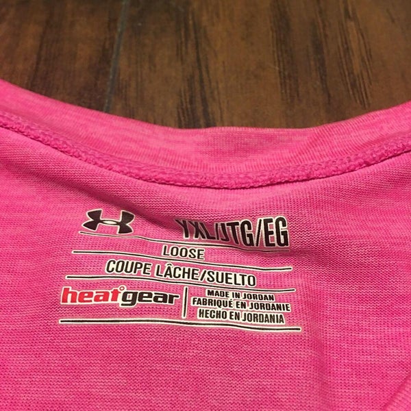 Under Armour Heat Gear Short Sleeve Big Logo Youth Girls Pink Shirt Size XL
