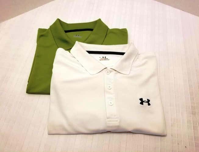 EUC. TWO (a pair of) Men's Under Armor Heat Gear Polos XL (White and Green)
