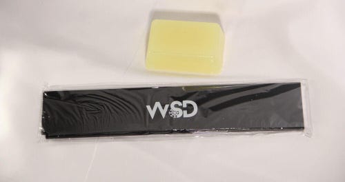 WSD ski and Snowboard wax scraper 30cm long with bonus bulk yellow 100gram wax