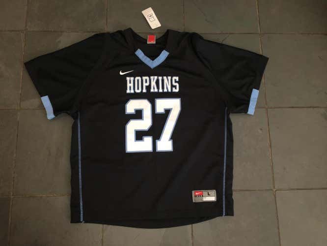 New NIKE JOHNS HOPKINS #27 Lacrosse Game Jersey LARGE ( everything sewn on )