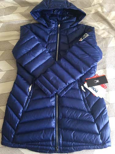 Women's US Ski Team Spyder Puffy Down Jacket, Long, Blue/Navy, Size XL NEW