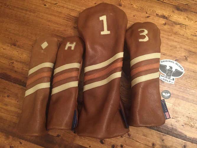 Handmade Brown Leather Headcover Set by Stitch Golf Driver 3 Wood Hybrid Hybrid