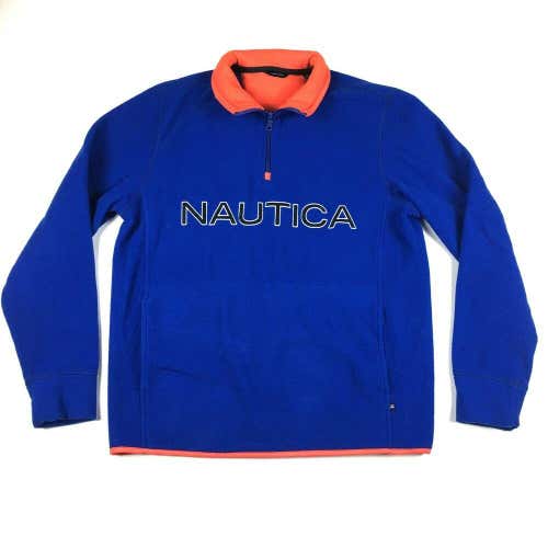 Retro Nautica Fleece Quarter Zip Up Pullover Blue/Orange Long Sleeve Men's M