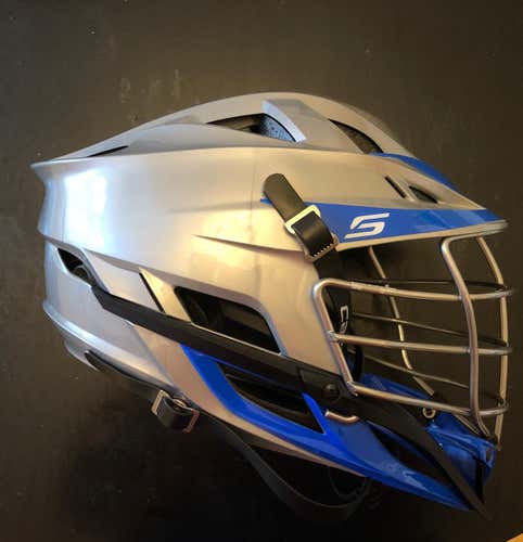 New W/out Tags Cascade S. Silver Shell, Chome Cage, Blue Chin, Black Strap,Removal Blue Visor Decal