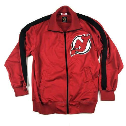NHL New Jersey Devils Track Jacket Mitchell and Ness Zip Up Stitched Red/Black