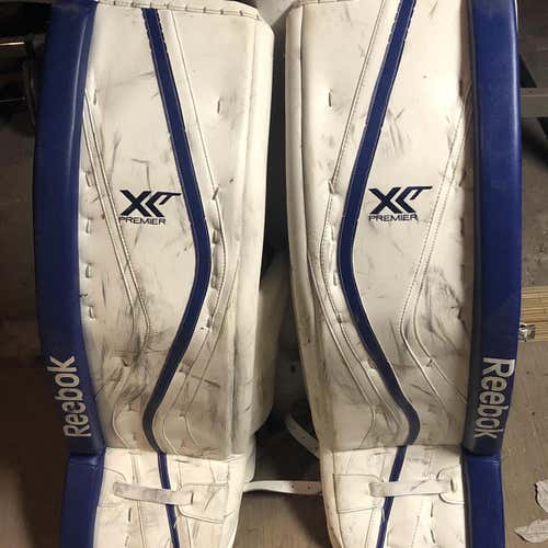 White/Blue ReebokPremier XLT Goalie Leg Pads 36+2