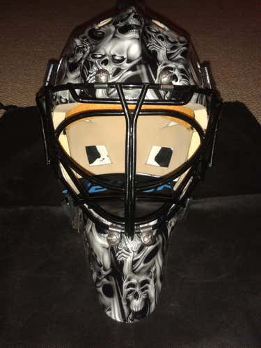 White Senior Bauer 950 Goalie Mask With " NO EVIL" Design