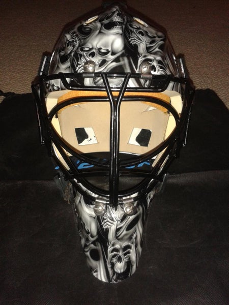 White Senior Bauer 950 Goalie Mask With " NO EVIL" Design