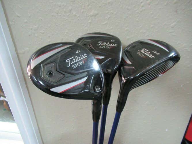 TITLEIST 913 F FAIRWAY WOOD SET  13.5* 17* 21* DIAMANA BLUE STIFF NEW GRIPS