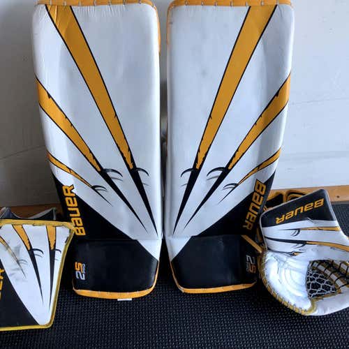 Bauer Vapor 2x Skinned As 2s Goalie Full Set- Pads,Glove, Blocker White, Black, Sport Gold 35+1