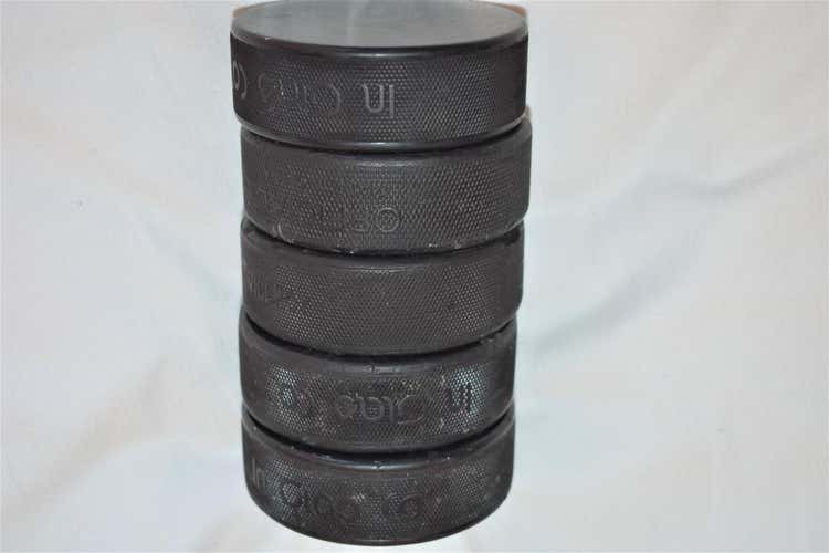 5 Used Hockey Pucks, Good Condition!