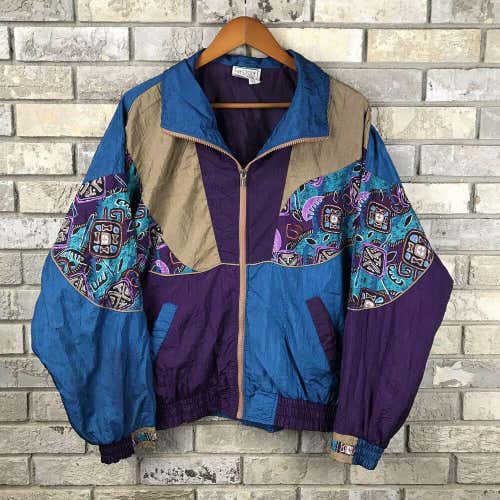 Vintage Womens Large Nylon Windbreaker Track Jacket Retro Color Block Abstract