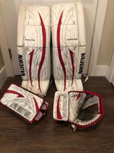 White & Red Senior 35" Vaughn Regular Velocity V4 Goalie Full Set Pro Stock