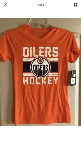 Edmonton Oilers Reebok Girls Orange V-Neck Short Sleeve T-Shirt NHL Medium 10/12