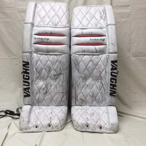 White with Red / Diamond pattern 35" Vaughn Velocity V5 Goalie Leg Pads