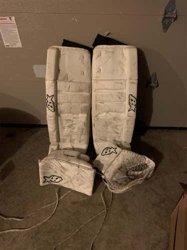White Senior 35" H Series Goalie Leg Pads + Glove And Blocker