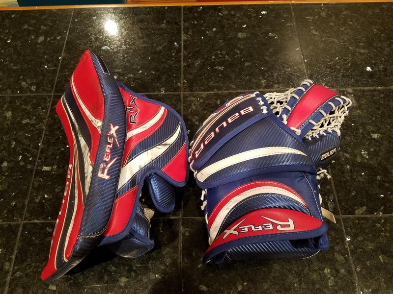 Blue Red Intermediate Bauer RX8 Glove and Blocker