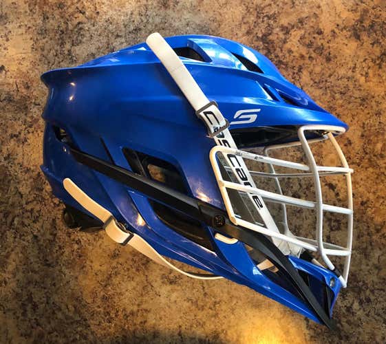 Pre-Owned, Lightly Used Cascade S Helmet. Royal Blue Shell, White Cage, White Chin strap. OSFM.