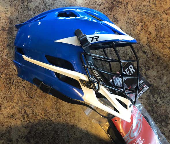 New with Tags In Box Cascade R. Royal Blue Shell, Black Cage Black Strap White jaw White Visor decal