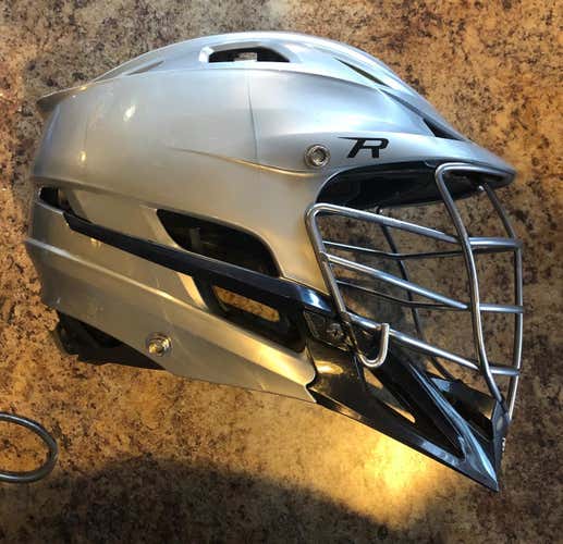 Used Cascade R Helmet. Silver Shell, Chrome Cage, Navy Jaw. Adult OSFM