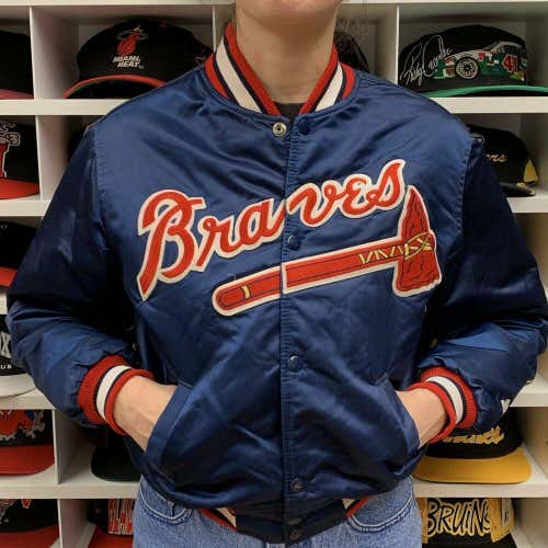 Vintage 90s Atlanta Braves Starter Satin Jacket Youth Large Blue MLB Baseball