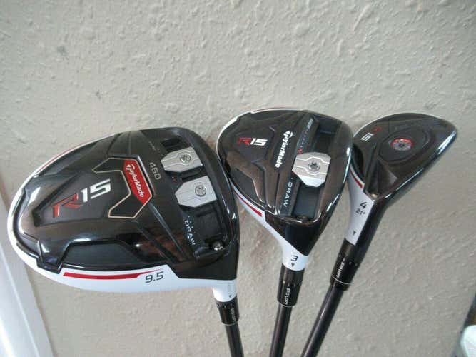 TAYLORMADE R15 WOOD SET W/ HYBRID DRIVER 9.5* 3 WOOD 15* 4 HYBRID 21* REG FLEX HC