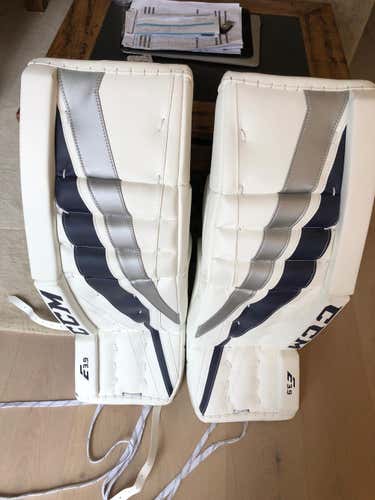 CCM Eflex 3.9 Goalie Pads 33+1 AND Premier 2.9 Senior Trapper Glove  (Matching Navy, Silver, White)