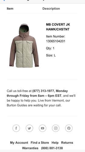 Men's 2019 Large Burton Covert Jacket Hawk/Chestnut
