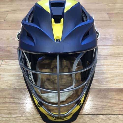 Used Cascade S. Matte Navy shell,chrome Cage, yellow jaw, white strap, Optional yellow mohawk decal
