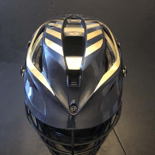 Used Cascade S Helmet. Navy Shell, Navy Jaw, Black Cage & Chin Strap, Gold Decals