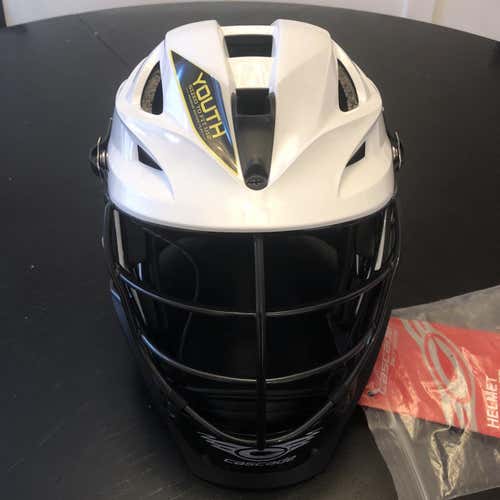 Brand New With Tag Cascade S Youth Helmet. White Shell, Black Cage, Jaw, And Chin Strap