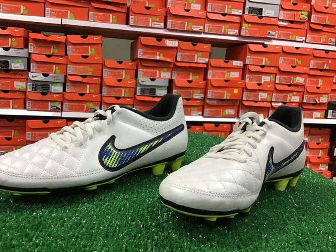 New Nike Tiempo Rio II FG Soccer Cleats White / Blue / Volt Size 6.5 NIB FIRM PRICE