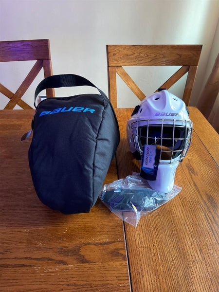 White Senior Bauer NME 8 Fit 2 Goalie Mask and Mask Bag