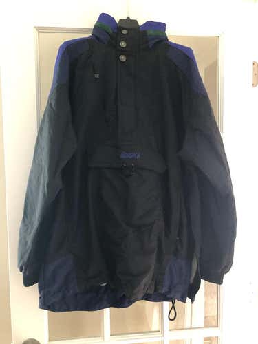 Men's Large Nordica Pullover Jacket with collapsible hood, Black with purple blue and green accents